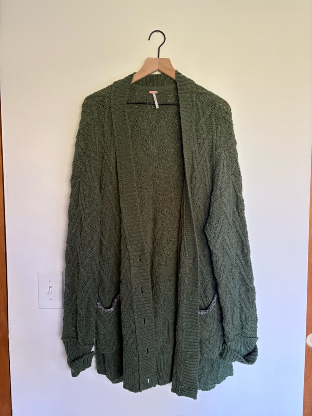 Free People Olive Green Cable Knit Open Cardigan